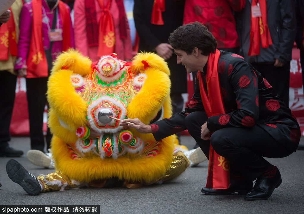 加拿大總理特魯多身著唐裝參加春節(jié)游行 撫摸舞獅頭激萌十足