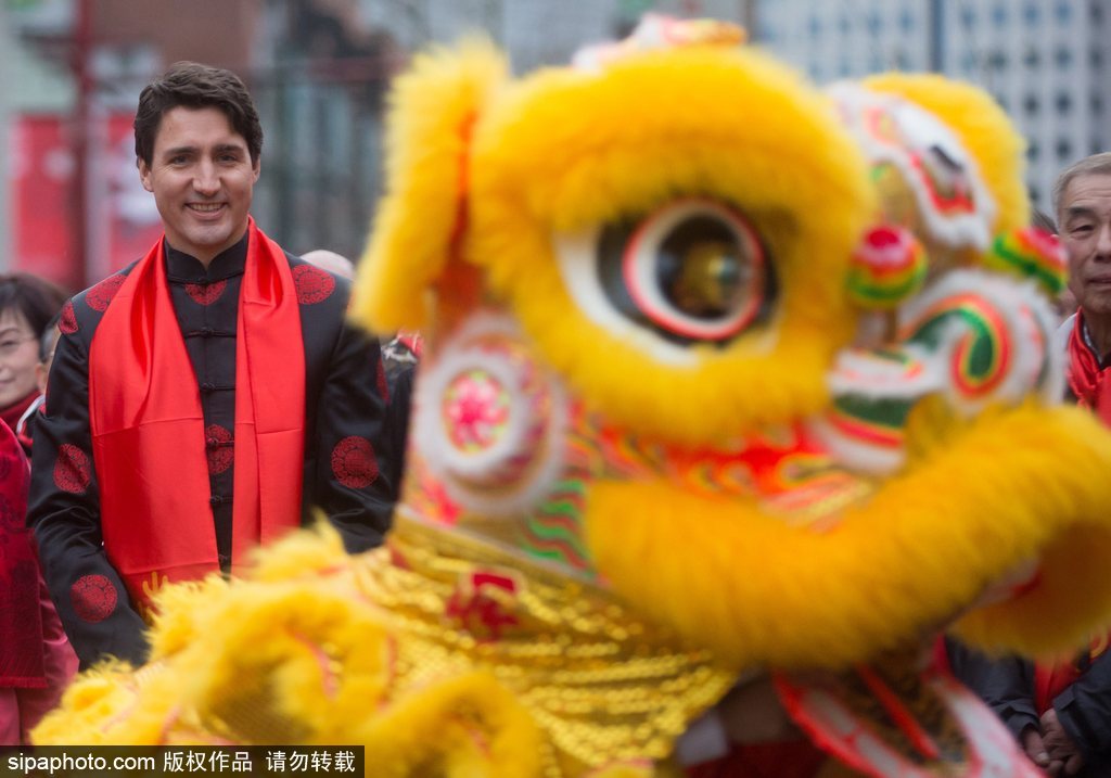 加拿大總理特魯多身著唐裝參加春節(jié)游行 撫摸舞獅頭激萌十足