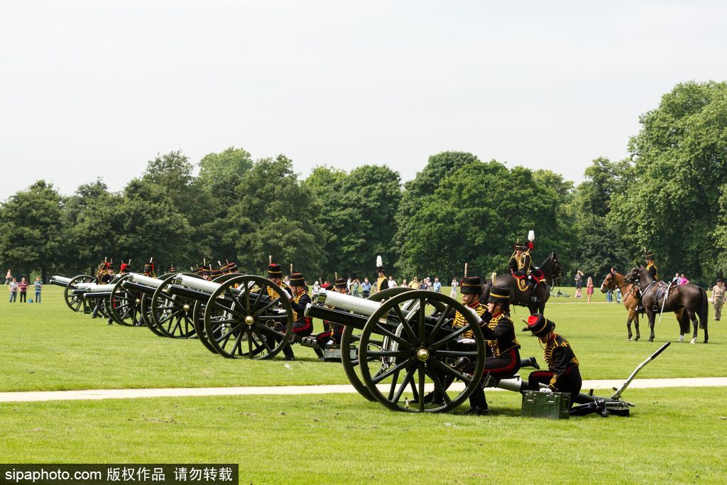 英國皇家騎兵鳴禮炮紀念女王伊麗莎白二世加冕64周年