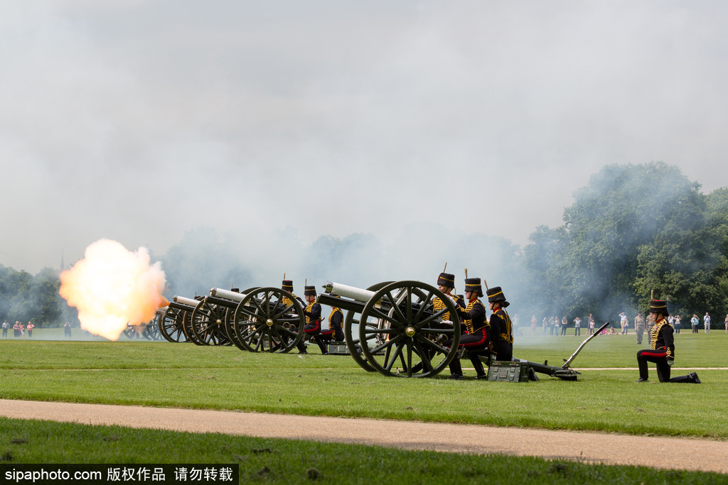 英國(guó)皇家騎兵鳴禮炮紀(jì)念女王伊麗莎白二世加冕64周年