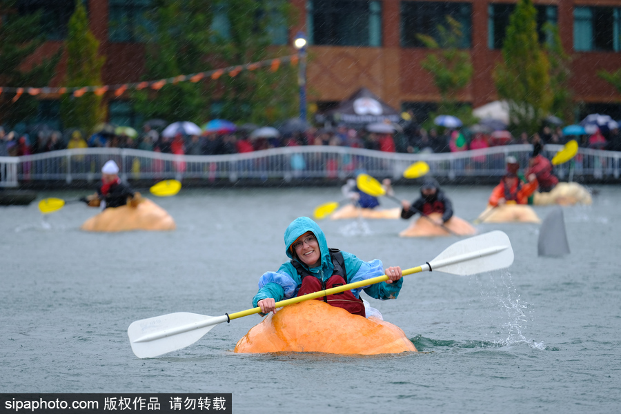 美國巨型南瓜賽舟會 選手劃小船趣味十足